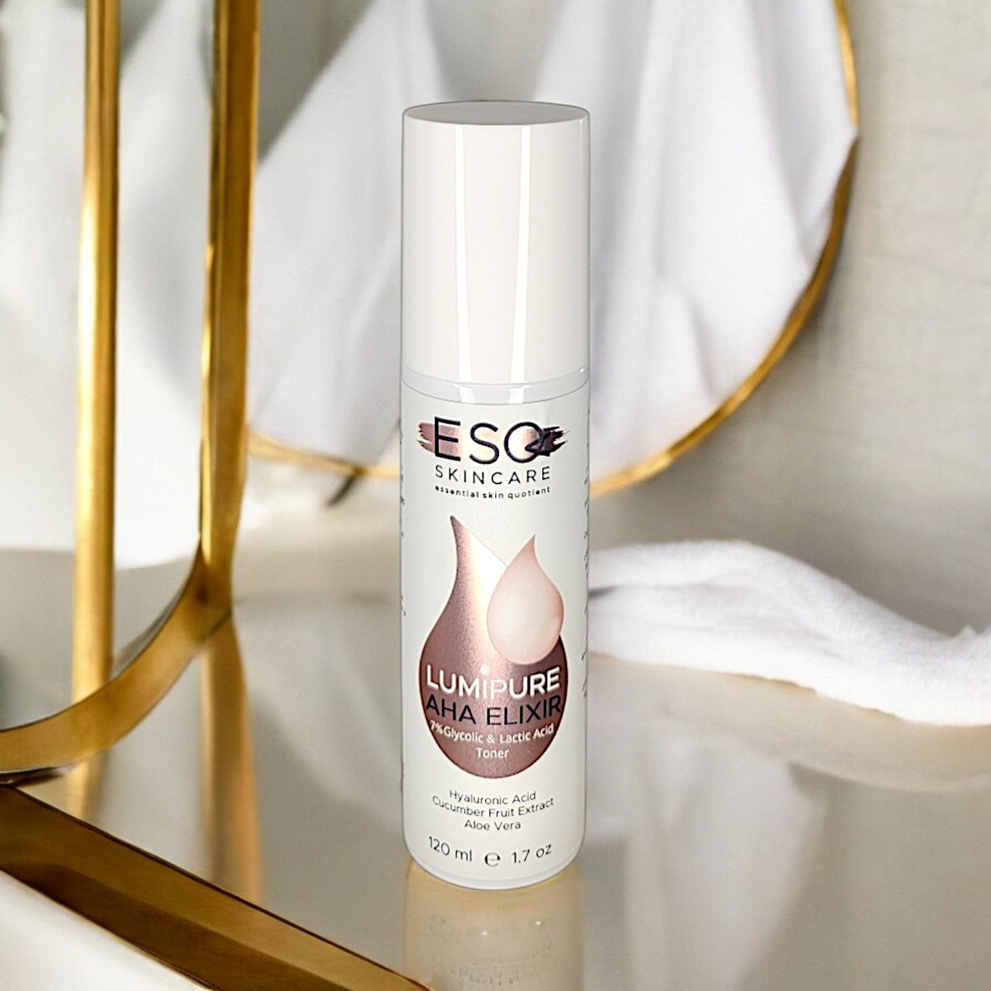 LumiPure AHA Elixir toner with 7% Glycolic & Lactic Acid, 120 ml bottle, surrounded by fresh cucumber slices and green herbs for glowing skin.